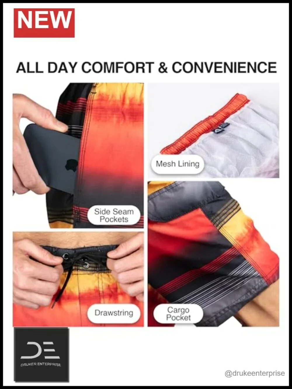 UPF 50+ Quick Dry Microfiber Swim Trunks with Mesh Lining
